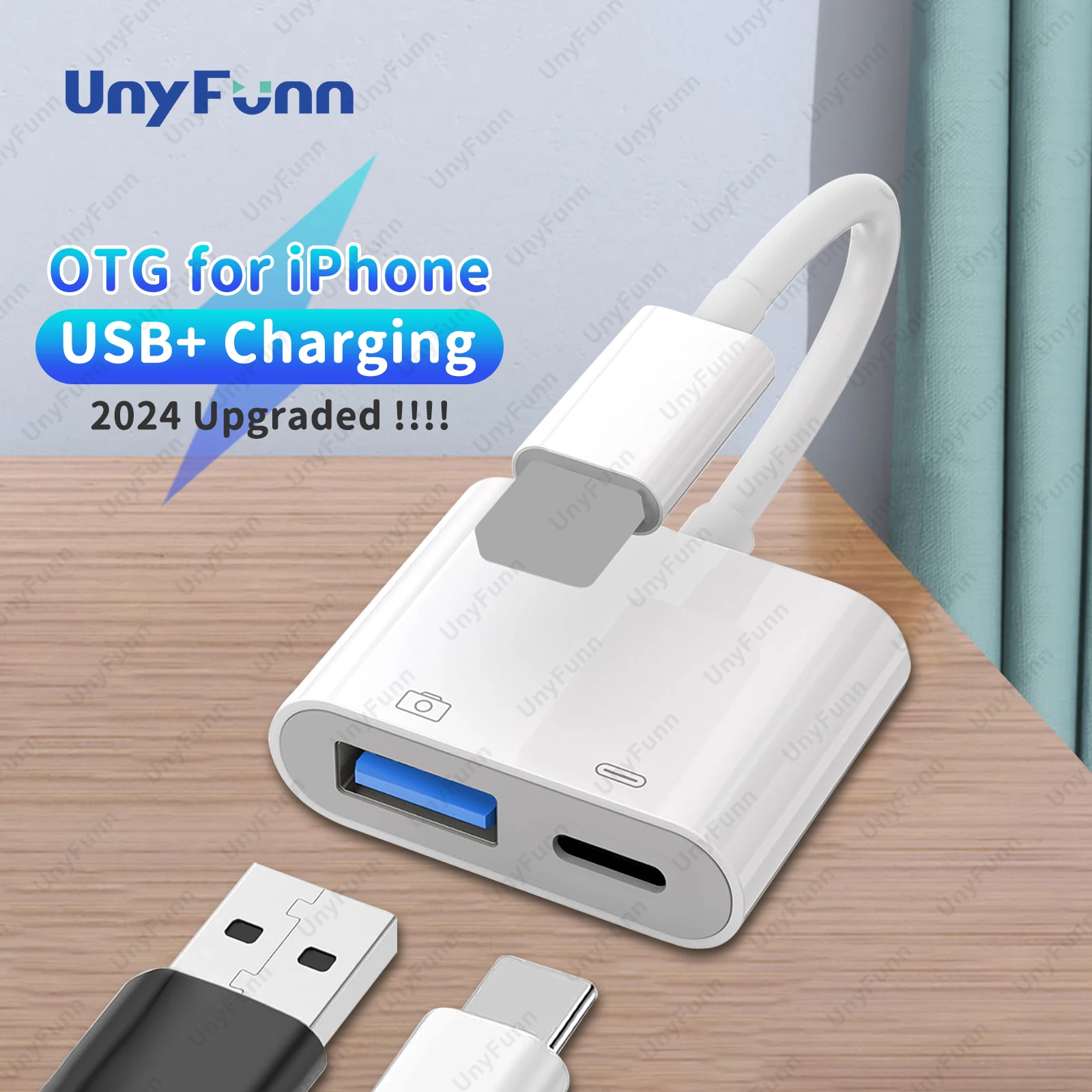 OTG Adapter with Charging Port for iPhone Trail Camera Adapter for Lighting USB Adapter for iPhone Card Reader USB Flash Stick
