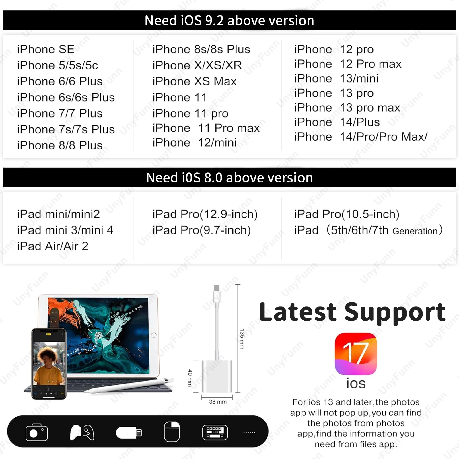 OTG Adapter with Charging Port for iPhone Trail Camera Adapter for Lighting USB Adapter for iPhone Card Reader USB Flash Stick