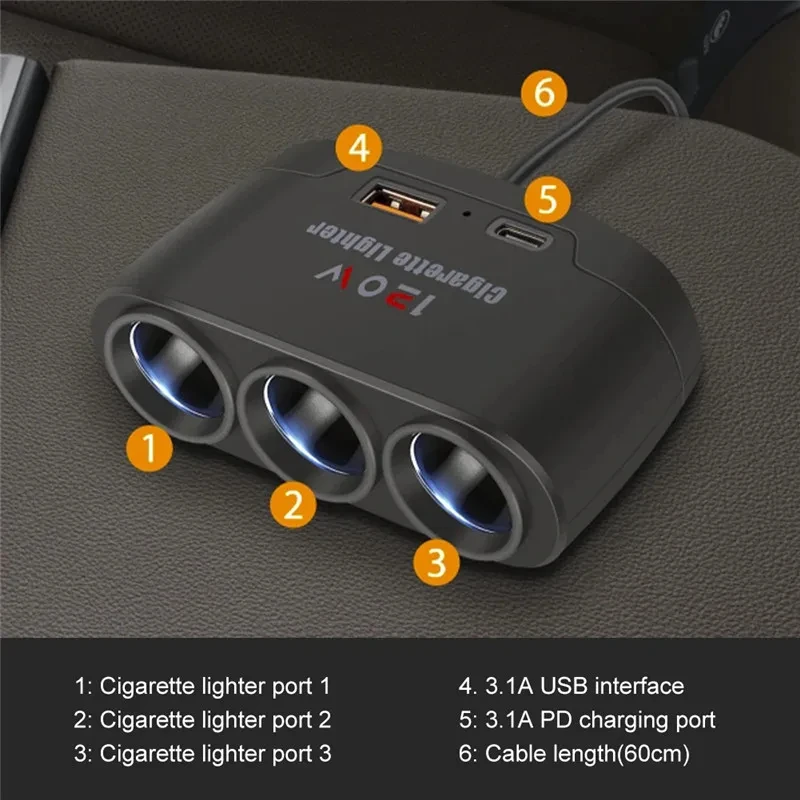 120W USB PD Socket 3 in 1 Car Cigarette Lighter Splitter 12V 24V Fast Charger Plug Phone Power Adapter for iPhone GPS Dashcam