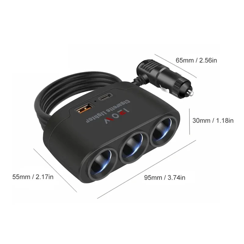 120W USB PD Socket 3 in 1 Car Cigarette Lighter Splitter 12V 24V Fast Charger Plug Phone Power Adapter for iPhone GPS Dashcam
