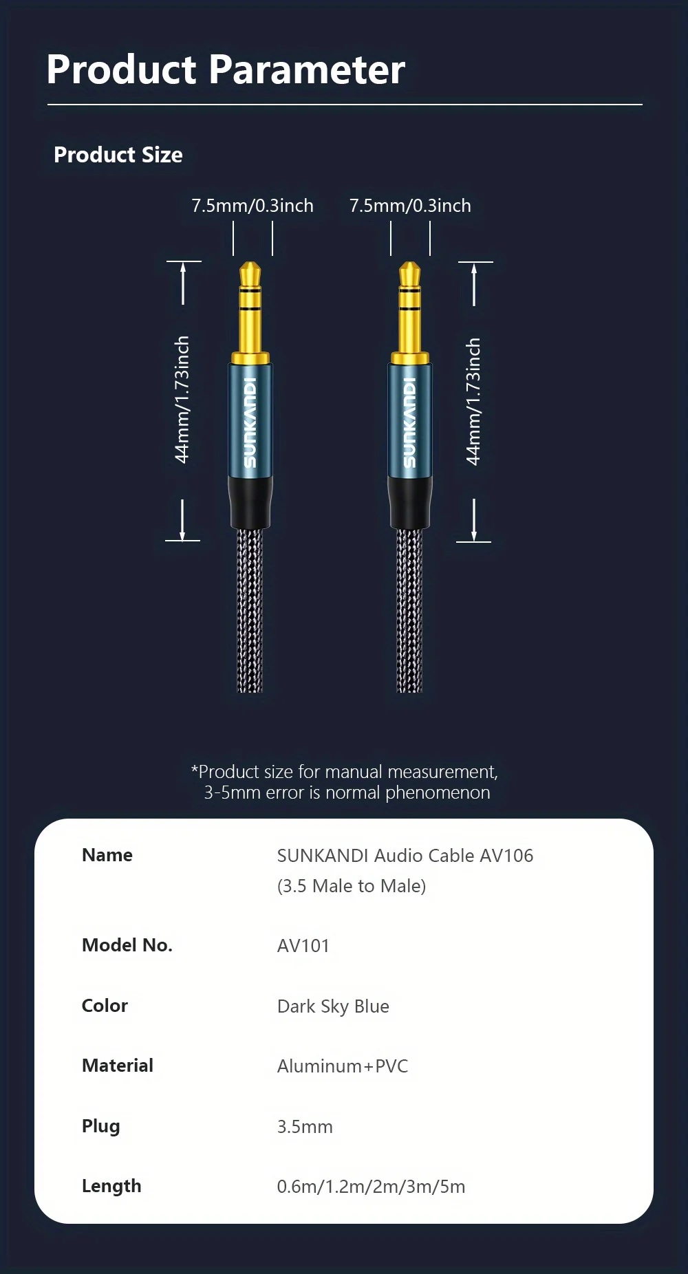 SUNKANDI 3.5mm Audio Cable Male to Male Stereo Audio AUX Cord for Car, Headphone Jack, Speaker, Home Stereos, Smartphone