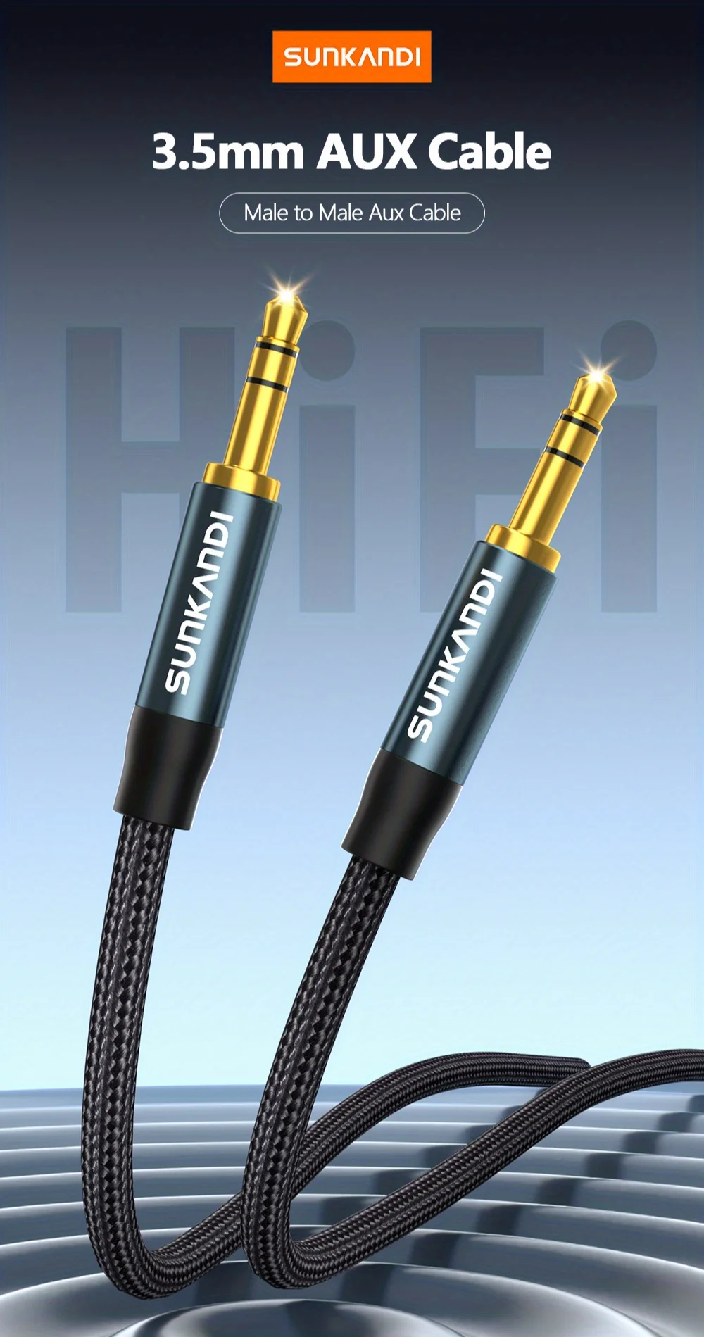 SUNKANDI 3.5mm Audio Cable Male to Male Stereo Audio AUX Cord for Car, Headphone Jack, Speaker, Home Stereos, Smartphone