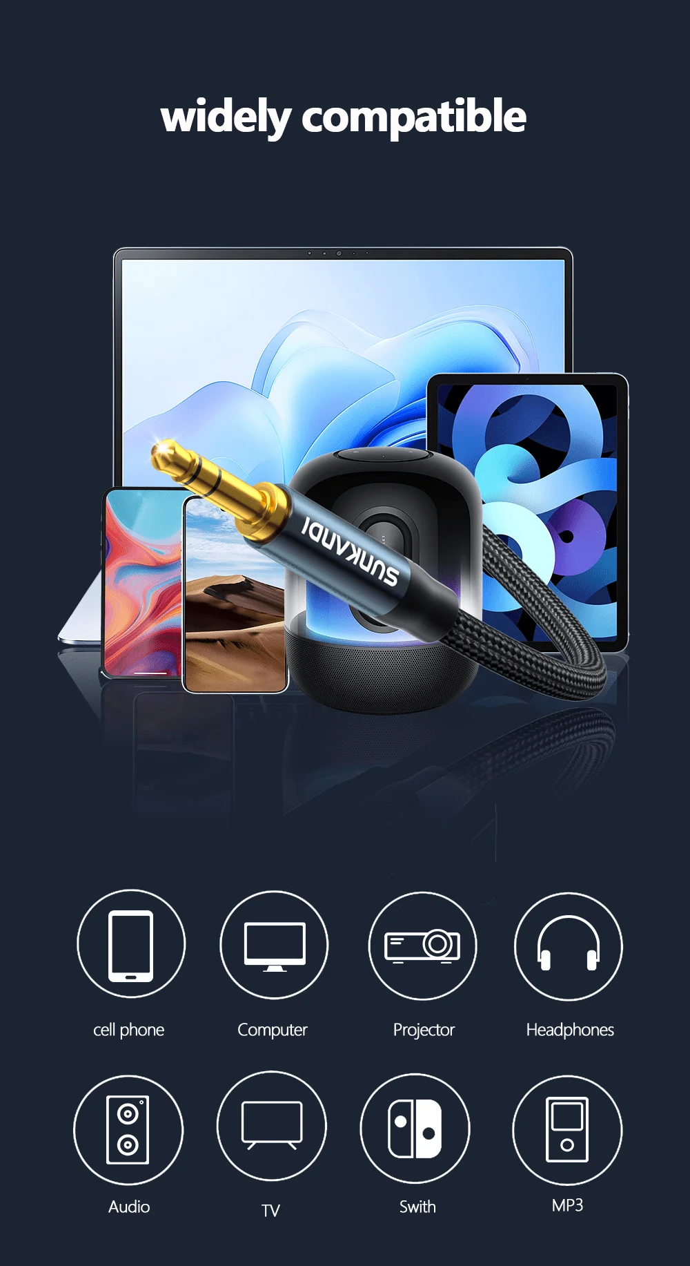 SUNKANDI 3.5mm Audio Cable Male to Male Stereo Audio AUX Cord for Car, Headphone Jack, Speaker, Home Stereos, Smartphone