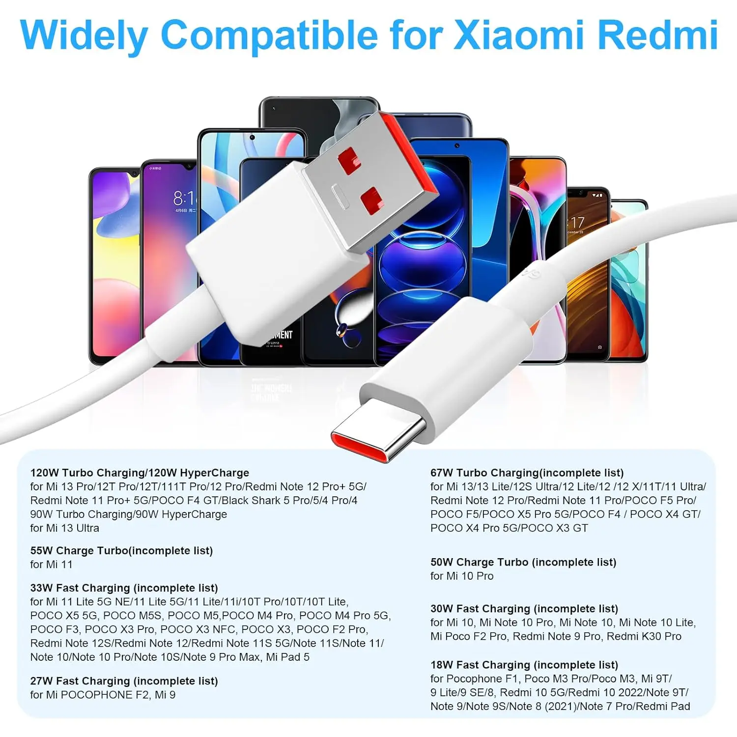 120W 100W 90W 67W 6A Turbo Fast Charging Type C USB Cable For Xiaomi 11 12 13 14 15 17 Redmi Note 11T 12 13 14 POCO X5 X6 X7 Pro
