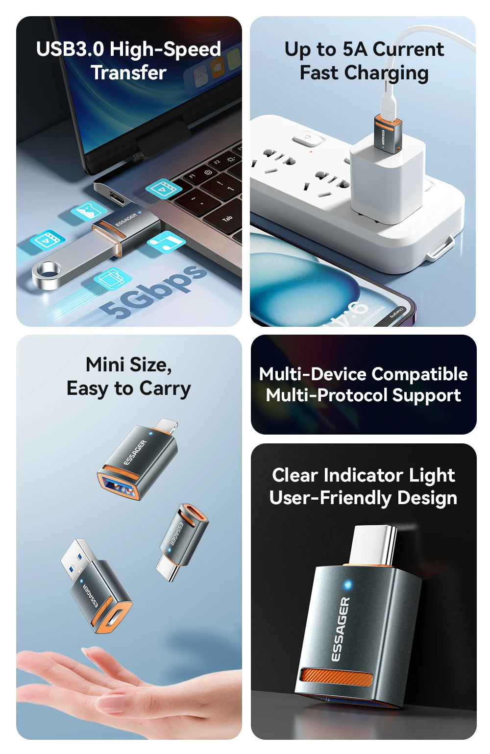 Essager USB3.0 OTG Adapter Type-C USB-A Micro Female to USB Micro iPad Type-C Male Converter For Macbook Xiaomi iPhone OTG Adapt