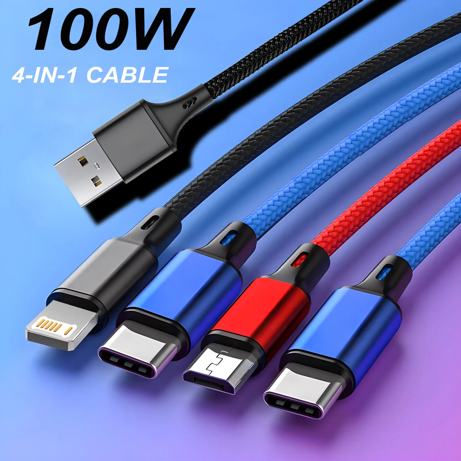 4 In 1 Micro USB Type C Fast Charging Cable 3A Quick Charge Phone Data Line Cord For Iphone 15 14 Xiaomi Huawei USB C