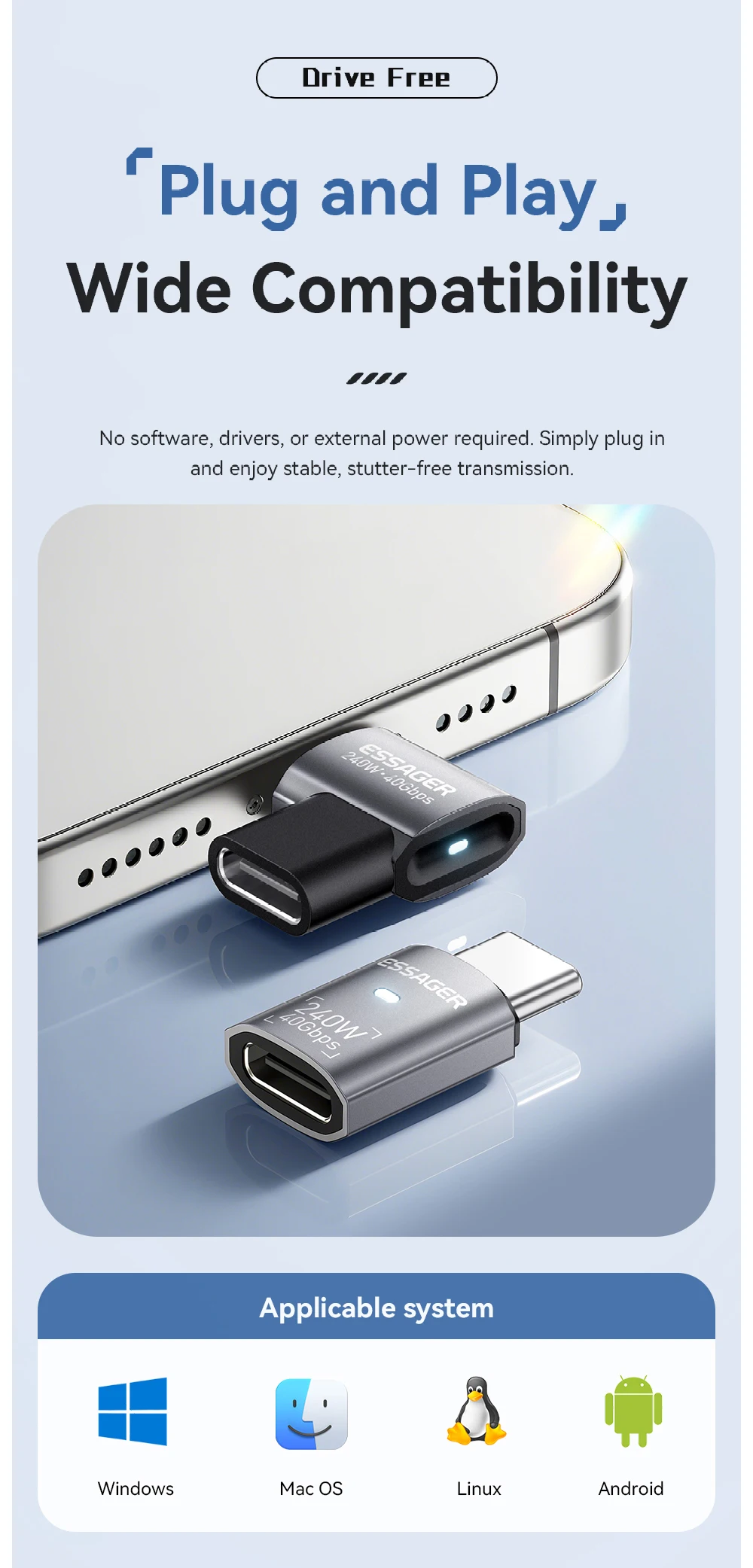 Essager USB4.0 40Gbps OTG Converter 240W Power Delivery Right Angle USB C Data Transfer Adapter For Phone Macbook Tablet 8K60Hz