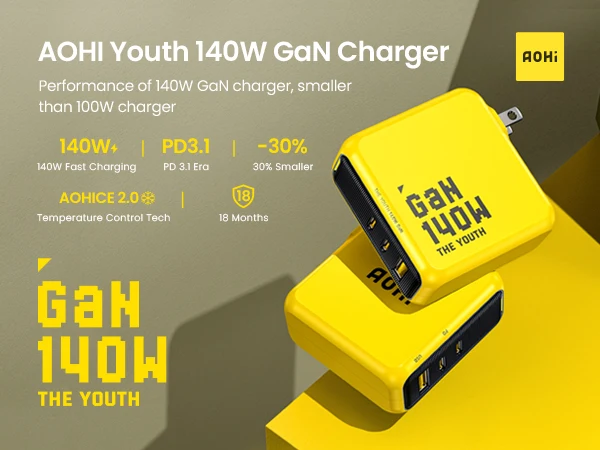 AOHI Youth 140W GaN Charger PD3.1 3-Port Type C Quick Charge For Macbook Pro Laptop USB Fast Charger For iPhone 16 Xiaomi Tablet
