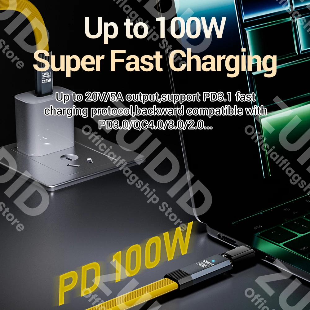 Flat USB3.2 20Gbps ThunderBolt 3 Type C to C Extension Data Cable PD100W 5A USB-C Cord For iPhone 16 15 Pro MacBook Pro Samsung