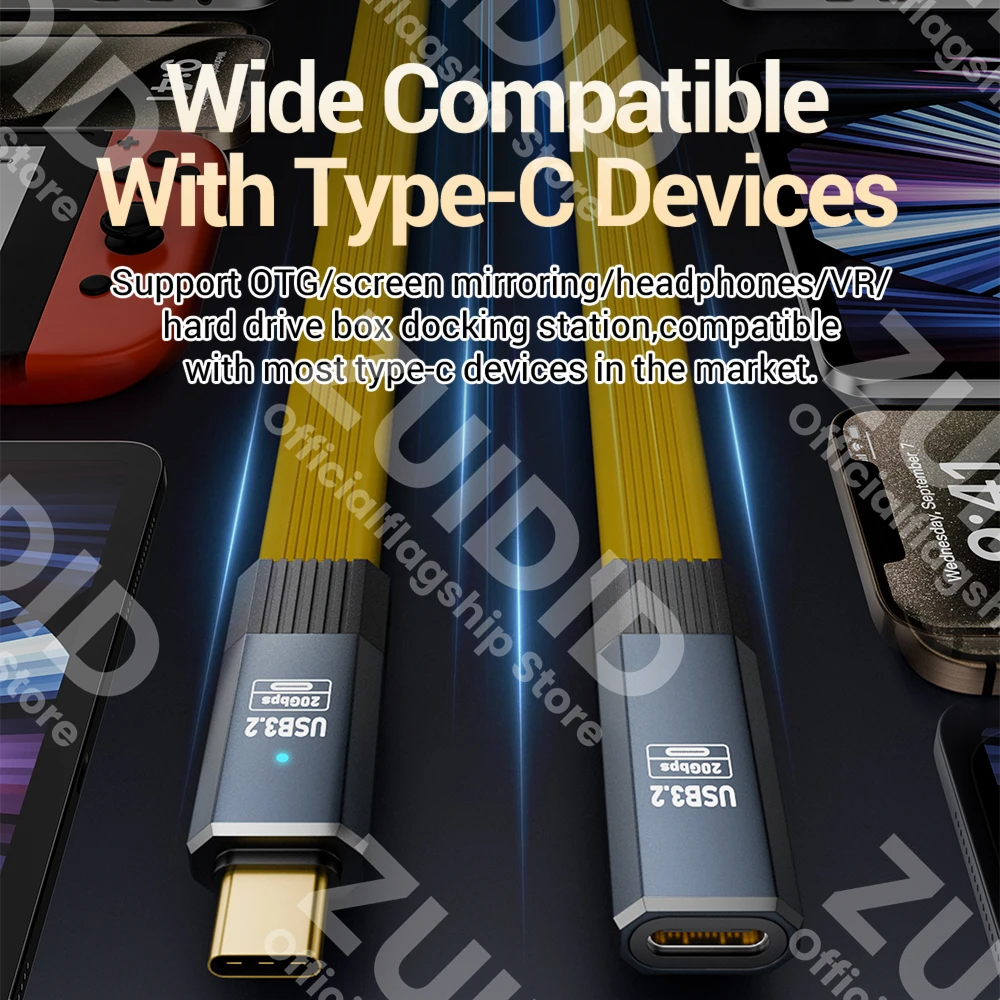 Flat USB3.2 20Gbps ThunderBolt 3 Type C to C Extension Data Cable PD100W 5A USB-C Cord For iPhone 16 15 Pro MacBook Pro Samsung
