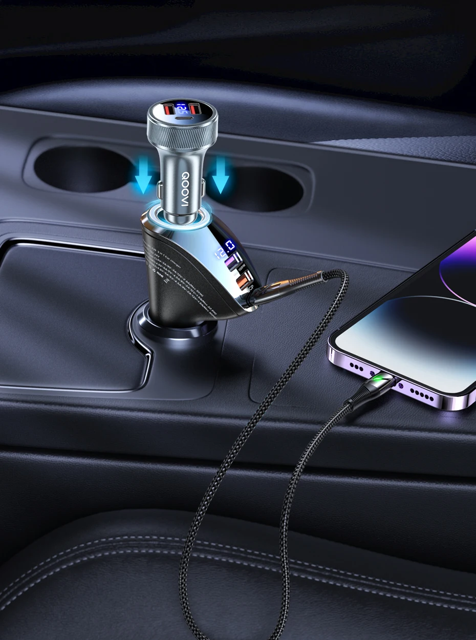 QOOVI 150W 4-Ports Car Charger USB Type C Super Fast Charging PD 4.0 Cigarette Lighter Socket For iPhone Xiaomi Samsung Huawei