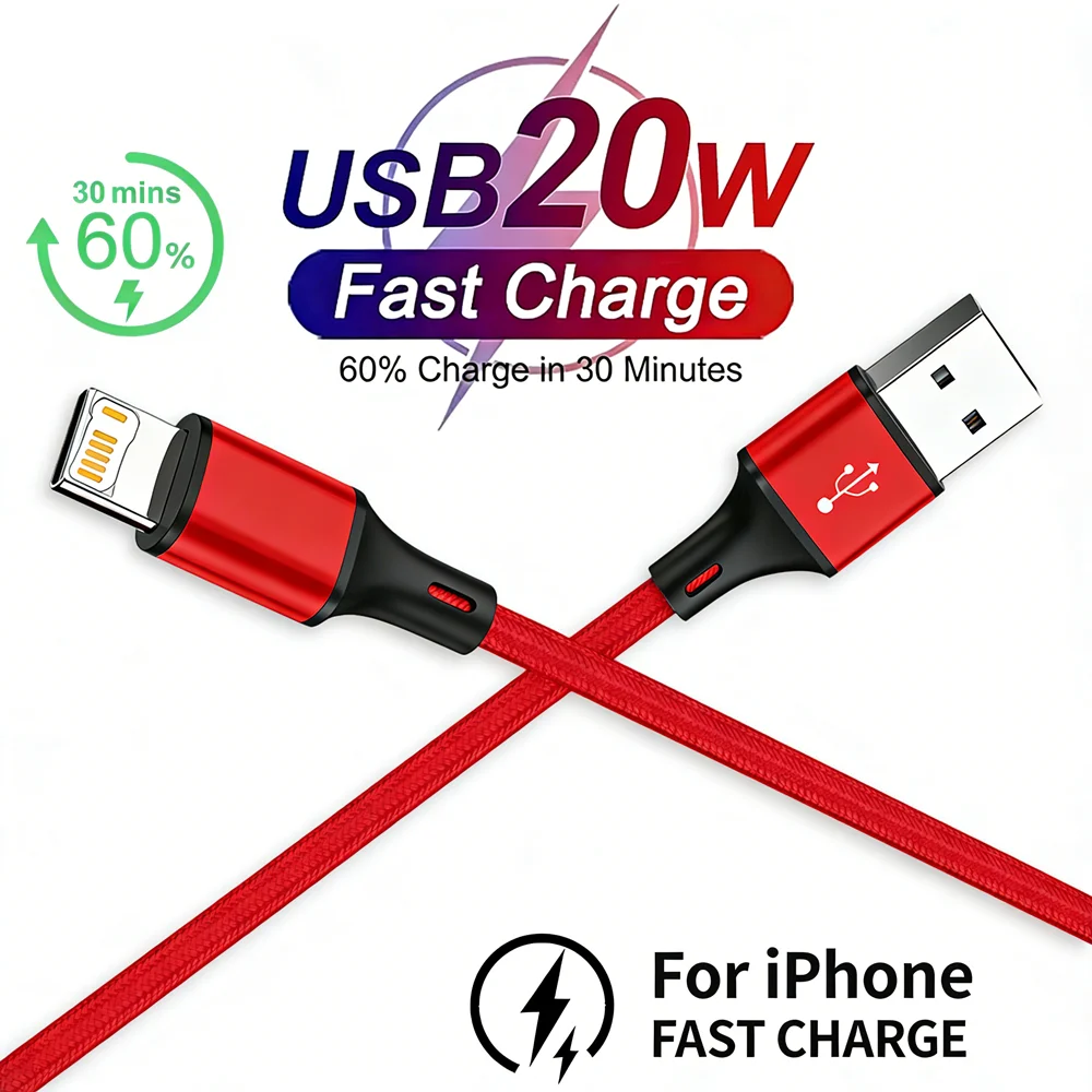 20W USB Fast Charge Cable For iPhone X XR XS 11 12 13 Mini 14 Pro Max 6 6S 7 8 14 Plus SE Fast Charging Cord Nylon Braided Cable