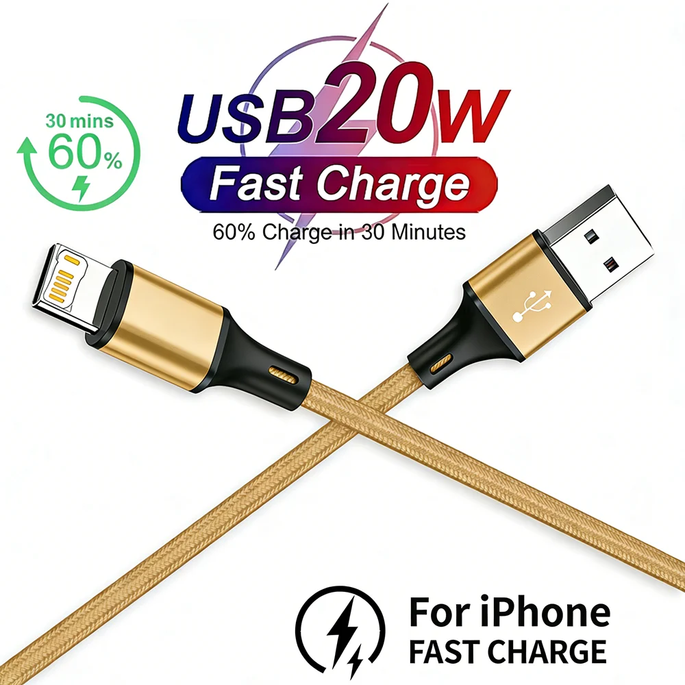 20W USB Fast Charge Cable For iPhone X XR XS 11 12 13 Mini 14 Pro Max 6 6S 7 8 14 Plus SE Fast Charging Cord Nylon Braided Cable