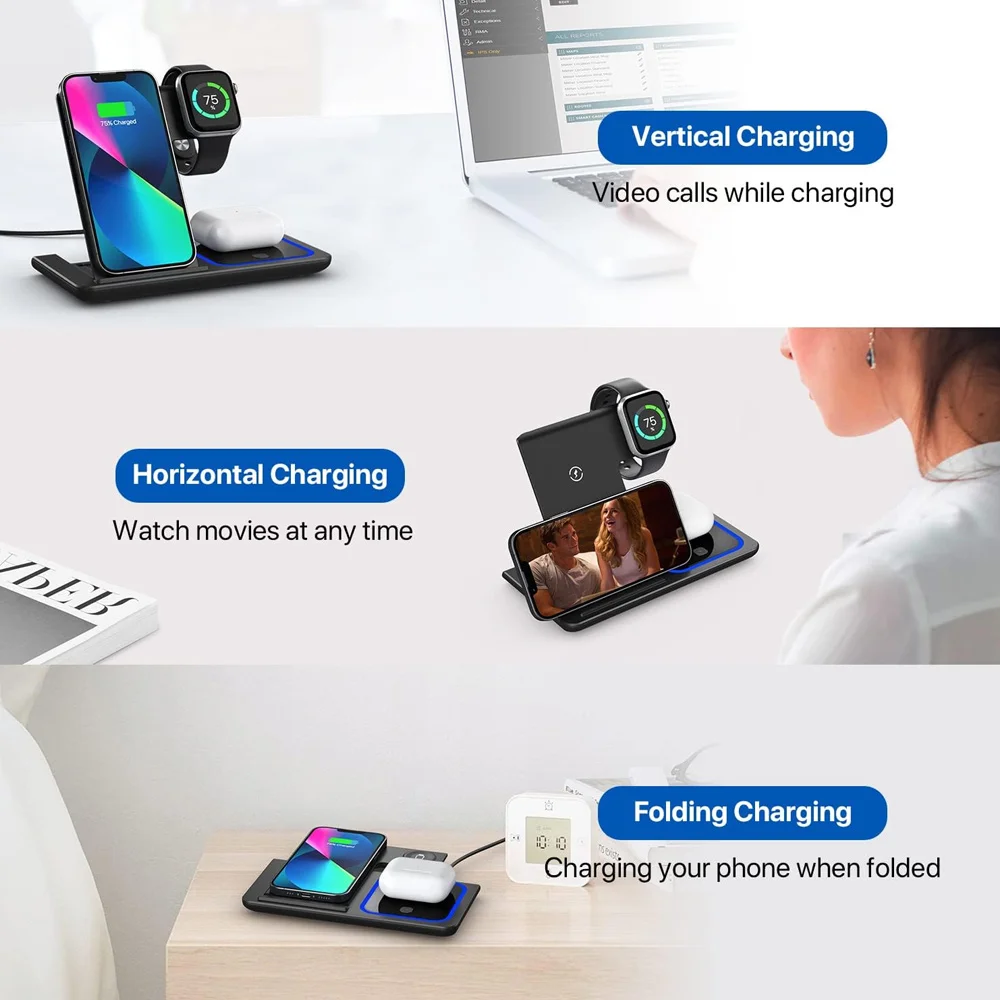 LED Fast Wireless Charger Stand 3 in 1 Foldable Charging Station For iPhone 17/16/15/14 Apple Watch 9 8 7 6 5 Airpods Pro