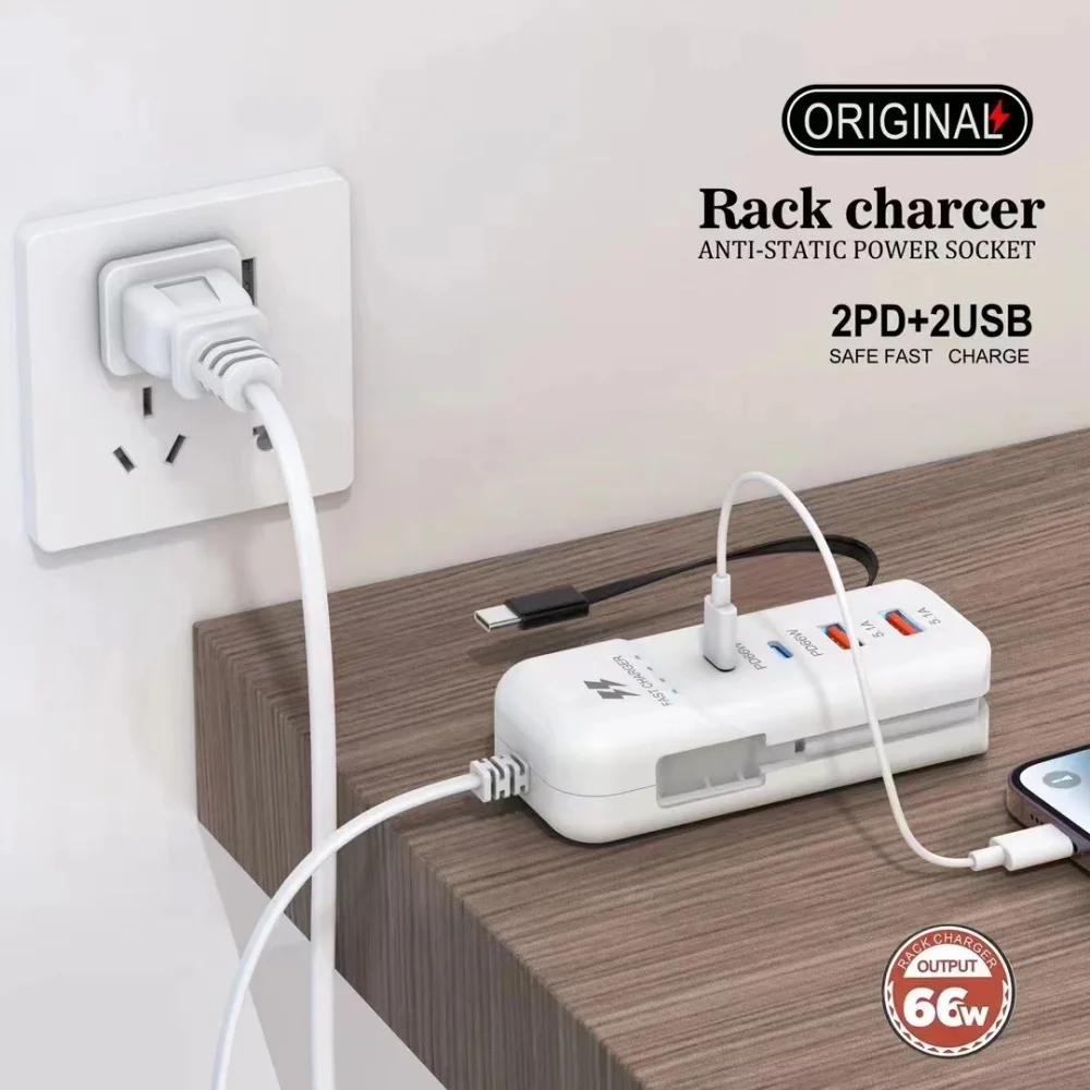 66W USB Type C 4 Ports Fast Charging Power Socket PD USB Chargers Hub Adapter EU/US/UK Plug Extension Type C Cable Socket Outlet