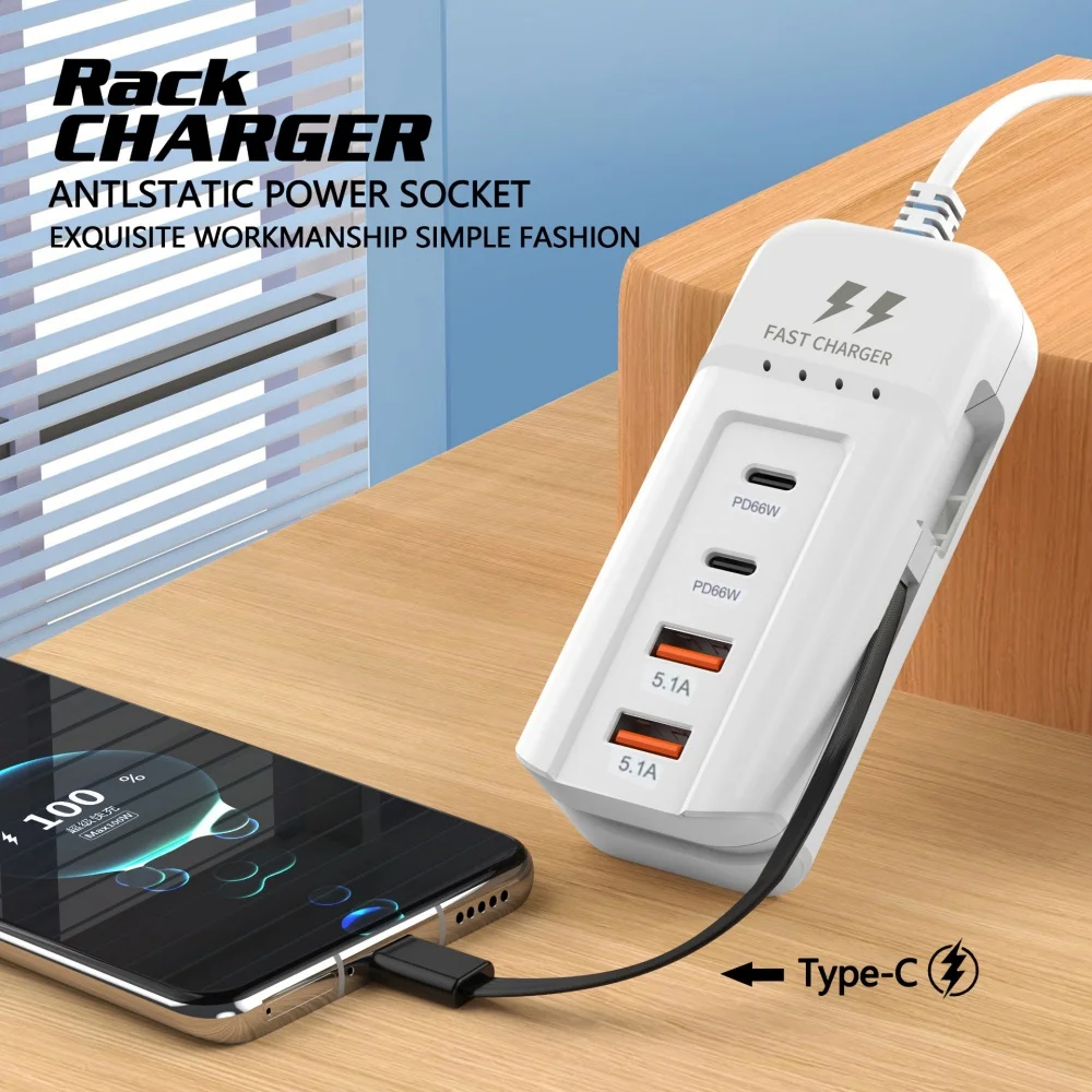 66W USB Type C 4 Ports Fast Charging Power Socket PD USB Chargers Hub Adapter EU/US/UK Plug Extension Type C Cable Socket Outlet