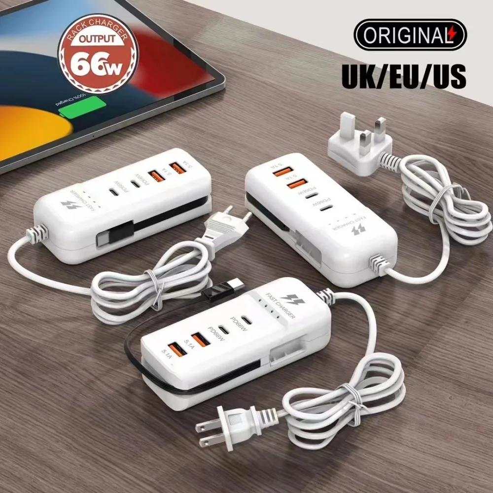 66W USB Type C 4 Ports Fast Charging Power Socket PD USB Chargers Hub Adapter EU/US/UK Plug Extension Type C Cable Socket Outlet