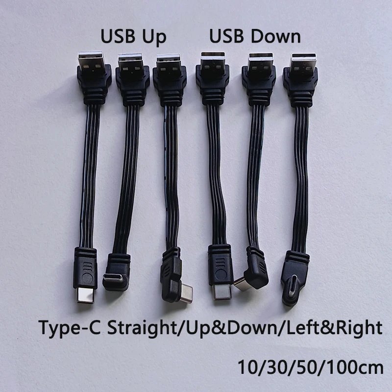 1PC USB A to Type-C Fast Charging Data Cable Straight/Up/Down/Left/Right Angled Flat Silicone Soft Wire 10-100cm
