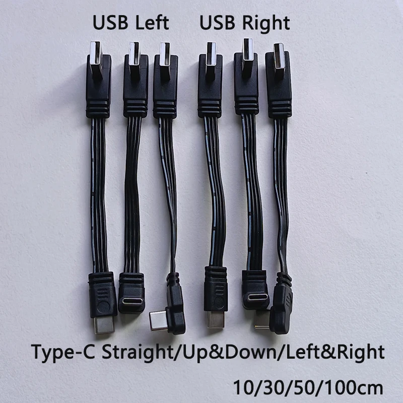 1PC USB A to Type-C Fast Charging Data Cable Straight/Up/Down/Left/Right Angled Flat Silicone Soft Wire 10-100cm