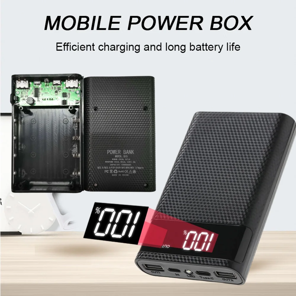 4x18650 DIY Power Bank Box 15000mAh Super Fast Charging Box with Digtal Display for for Samsung for iPhone