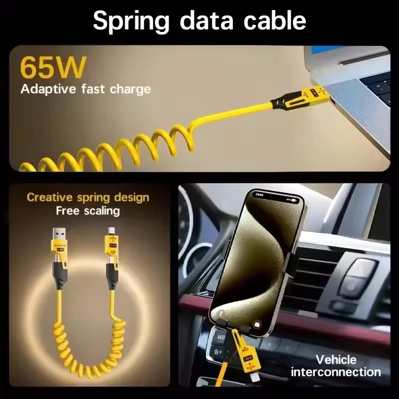 4 in 1 65W Spring Short Data Cable 6A USB Type C Spring Telescopic Quick Charger Wire Spring USB Cable for iPhone 15 14 13 12