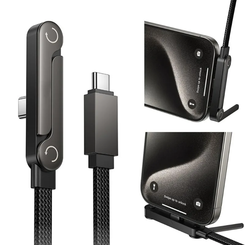 65W USB Fast Charging Cable With Foldable Phone Holder 2-in-1 Type-C Quick Charge Data Wire USB C Charging Line For Mobile Phone