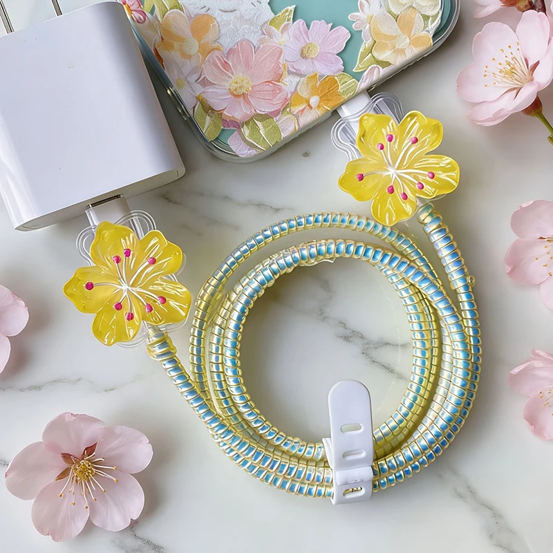 Colored Flower Laser White Line Circle Charger Protector Cover For iPhone For Samsung Type-C Charger Line Protectors Cover