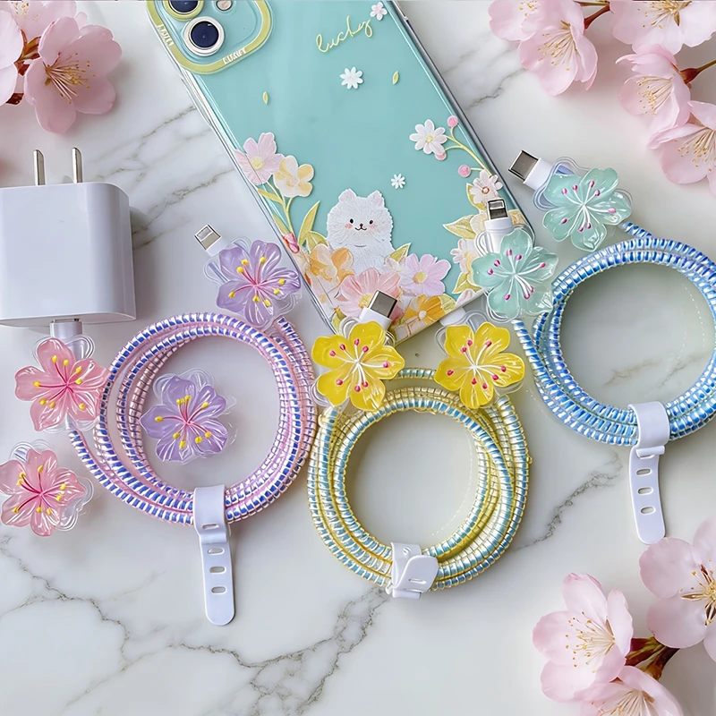 Colored Flower Laser White Line Circle Charger Protector Cover For iPhone For Samsung Type-C Charger Line Protectors Cover