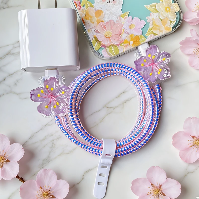 Colored Flower Laser White Line Circle Charger Protector Cover For iPhone For Samsung Type-C Charger Line Protectors Cover