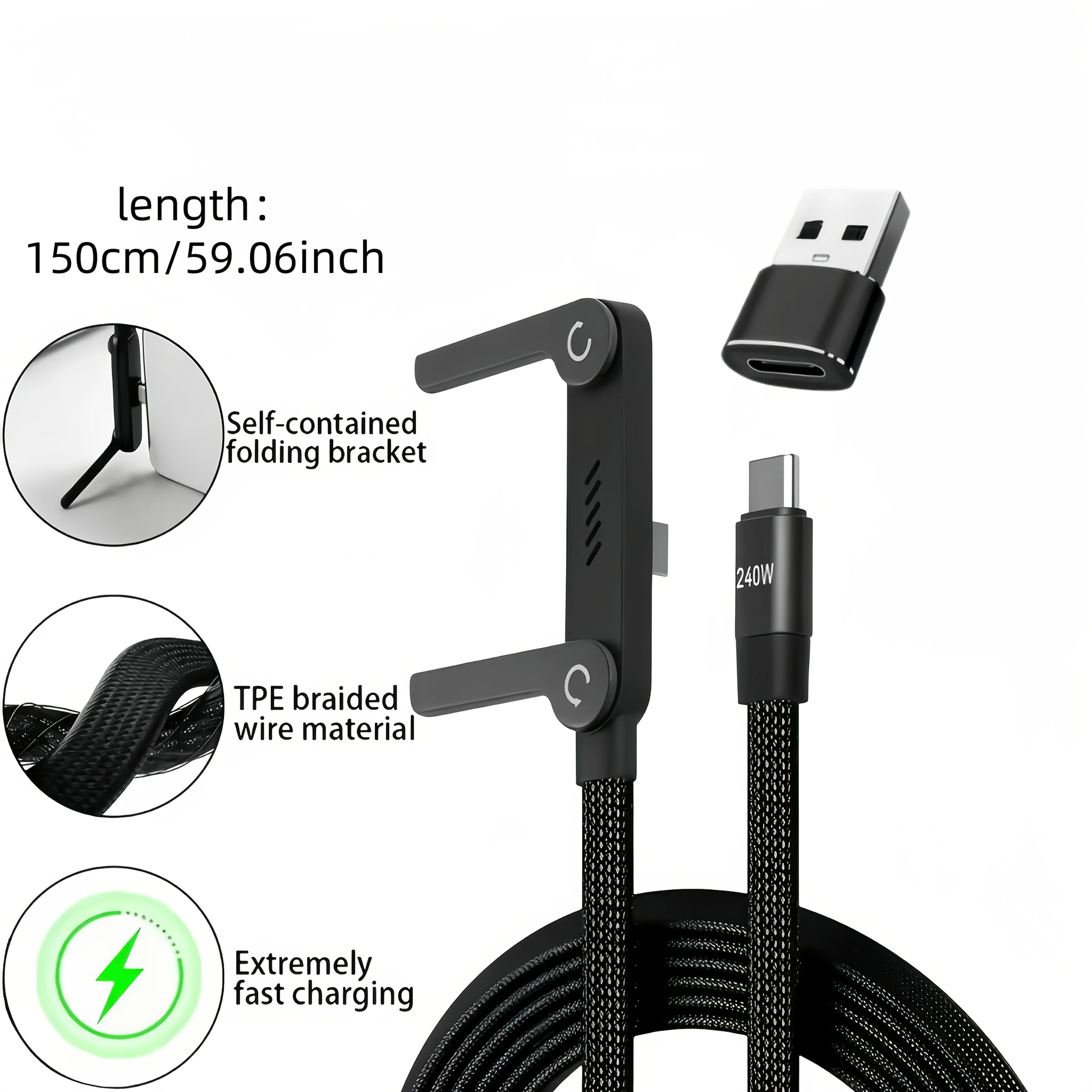 USB Type C 240W Fast Charging Cable 2 in 1 Foldable Stand for iPhone 15 17 and Type C Phones