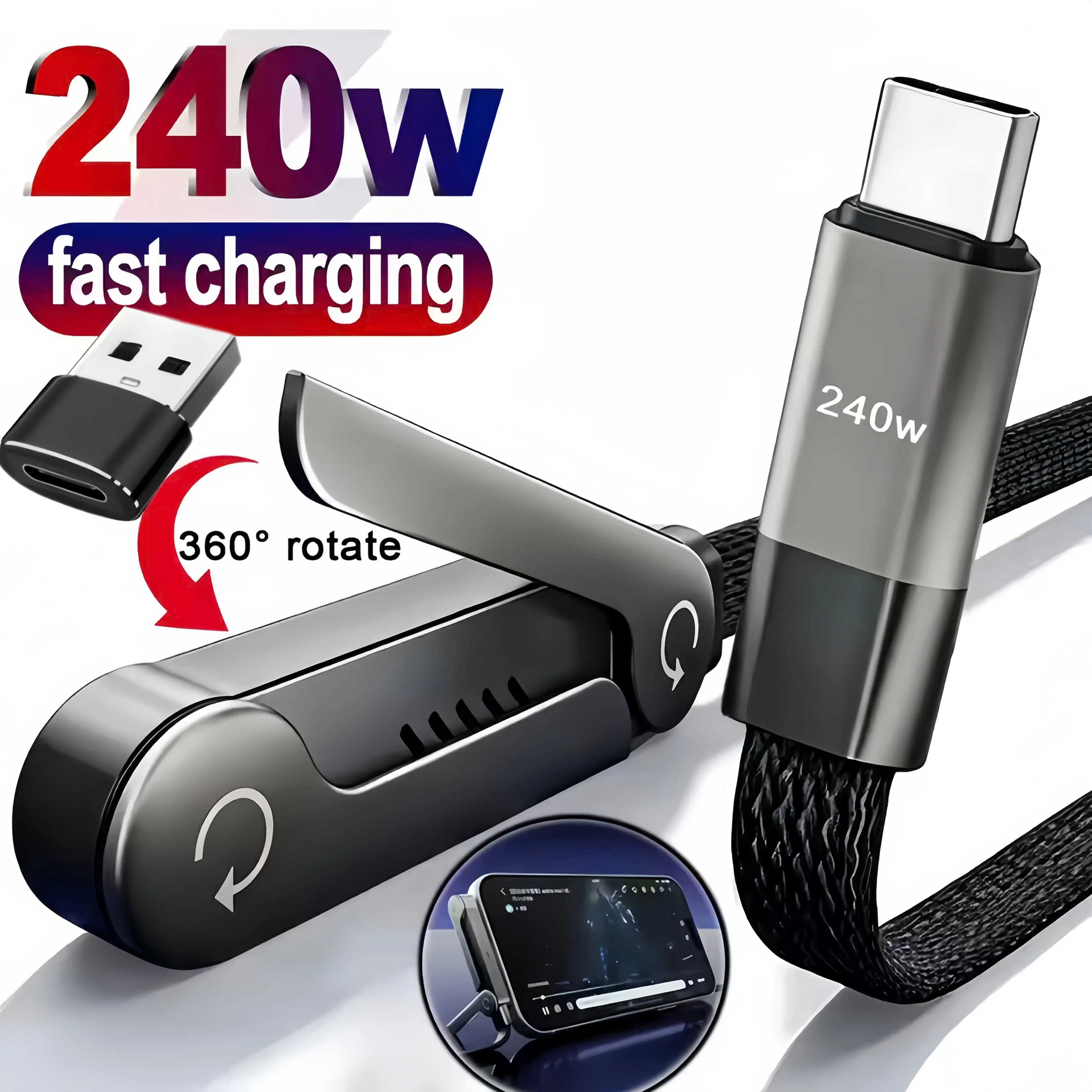 USB Type C 240W Fast Charging Cable 2 in 1 Foldable Stand for iPhone 15 17 and Type C Phones