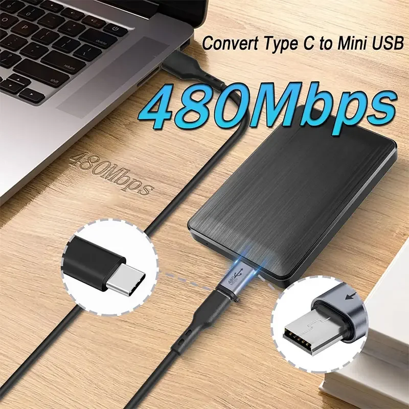 2PCS USB C Female to Mini USB 2.0 Male Adapter 480Mbps Data Transfer Charging Converter Connector for Digital Camera MP3 Player