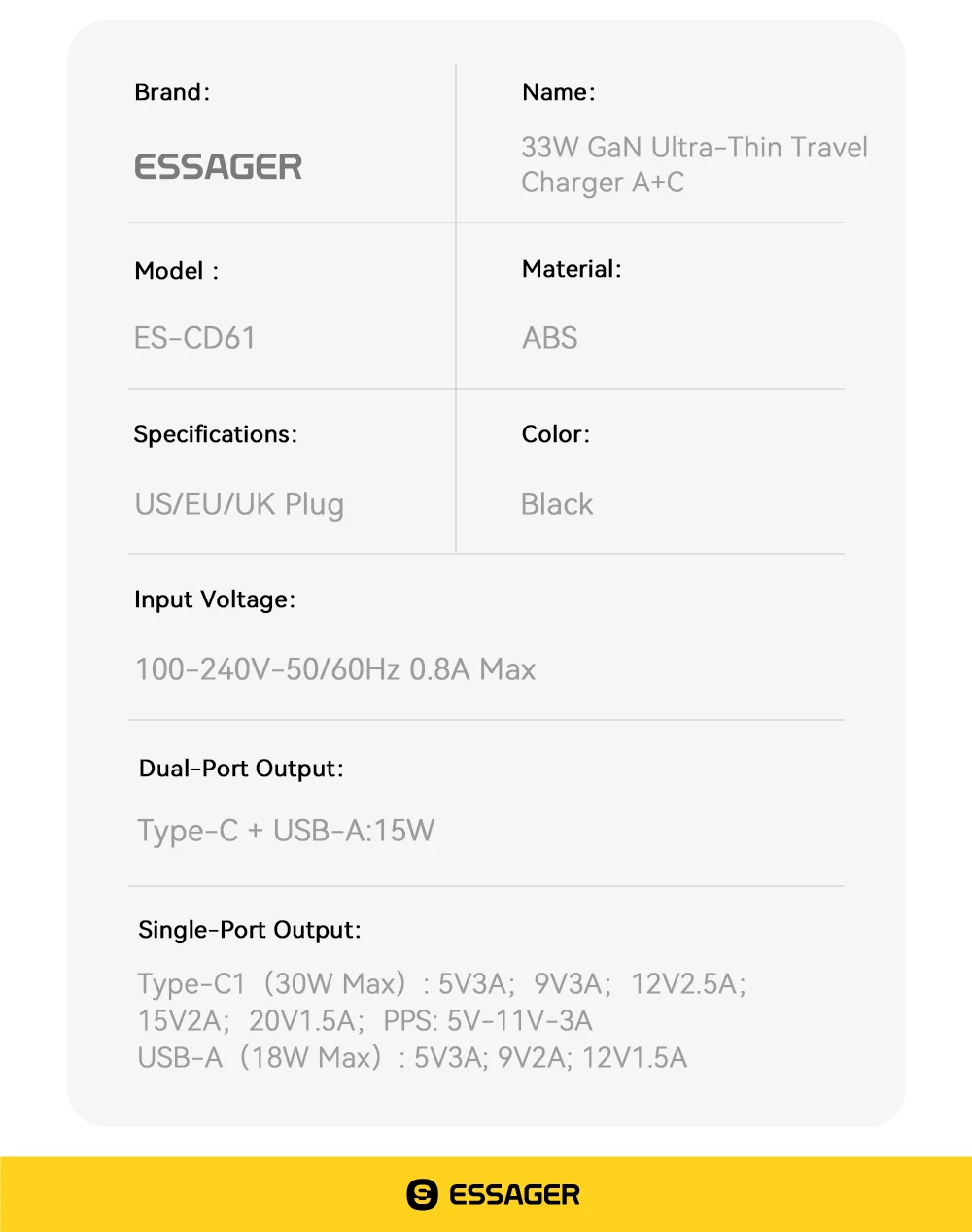 Essager Ultra Thin 65W GaN pro Travel Charger Quick Charge 4.0 PD3.0 Portable Type-C for iPhone 17 16 15Samsung MacBook Laptop