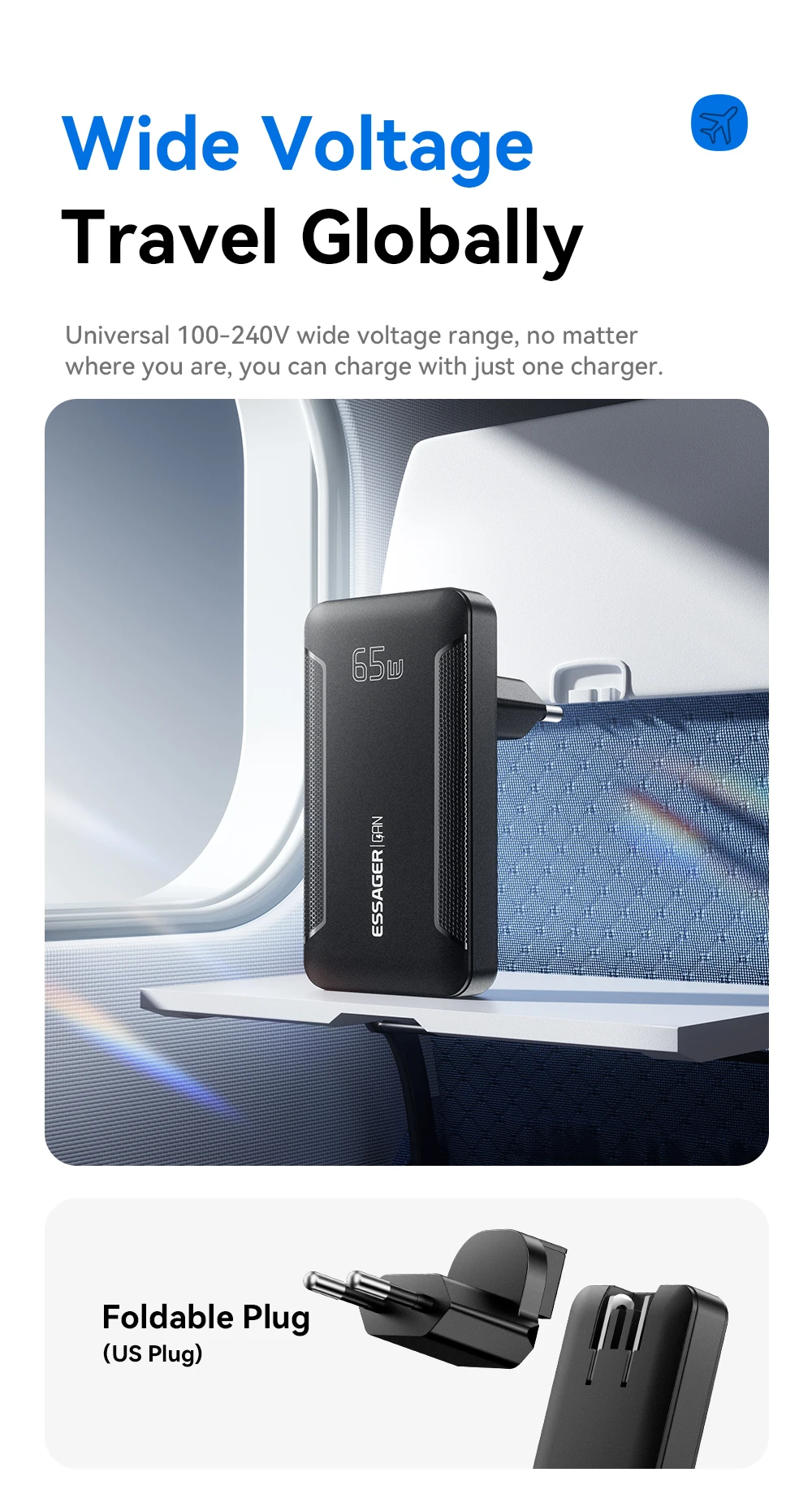 Essager Ultra Thin 65W GaN pro Travel Charger Quick Charge 4.0 PD3.0 Portable Type-C for iPhone 17 16 15Samsung MacBook Laptop