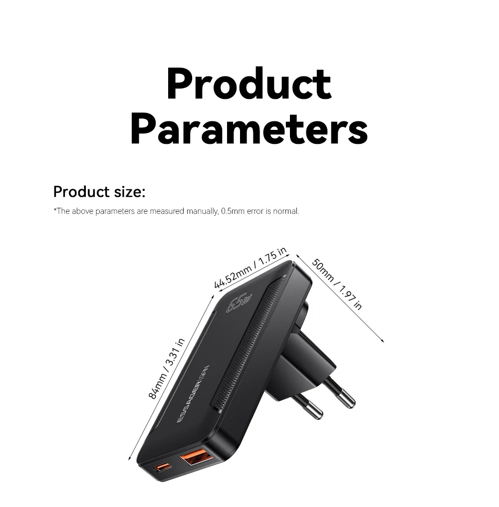 Essager Ultra Thin 65W GaN pro Travel Charger Quick Charge 4.0 PD3.0 Portable Type-C for iPhone 17 16 15Samsung MacBook Laptop