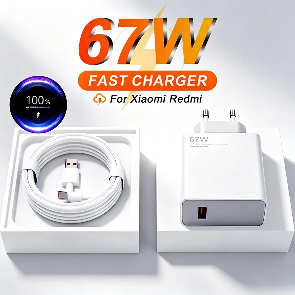 67W Super Fast USB Charger for Xiaomi 11 12 Lite 13T 14T Redmi Note 10 11S 12T 13 Pro POCO F5 X5 Type C Quick Charging 6A Cable