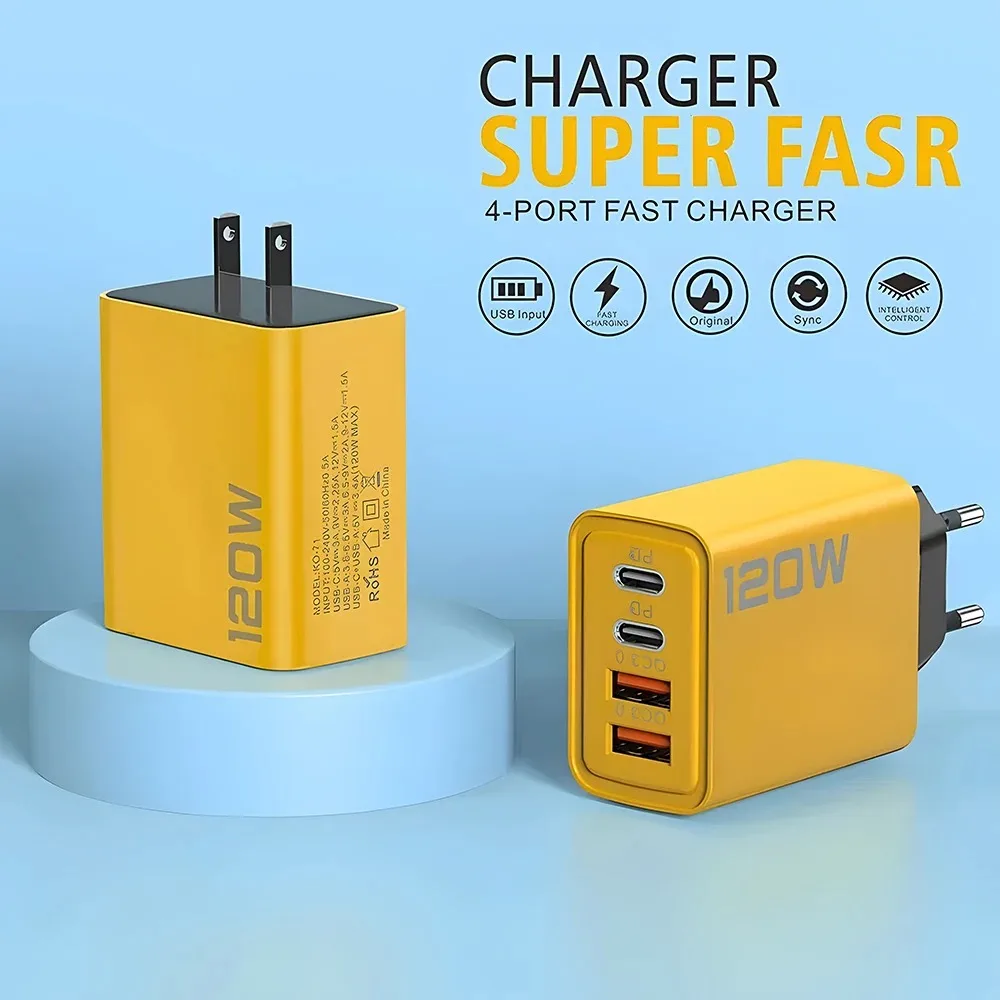 120W 4 Ports USB Charger Fast Charge Phone Charger Adapter Type C Cable For iPhone Samsung Xiaomi EU/US/UK Plug Wall Charger