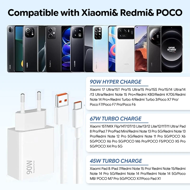 Xiaomi 90W Charger Original Hypercharge Combo Fast Charging Cable Type C for Xiaomi 15T Pro 15 17 Ultra 14 13 Ultra POCO X7 Pro