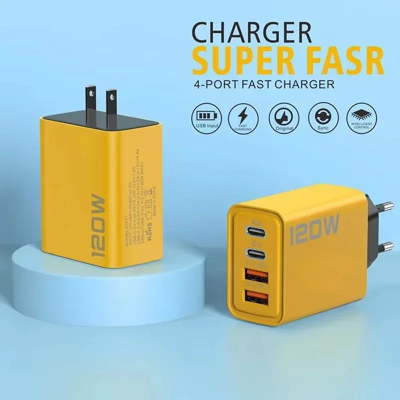 4 Ports 120W Charger USB C PD Super Fast Charging Quick Charge 3.0 Type C USB Phone Chargers Adapter For iPhone Samsung Xiaomi