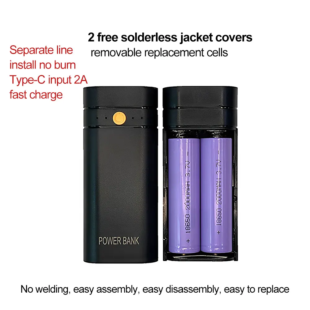 New 5V 2A 2x18650 Power Bank Box Kit Anti Reverse Connection TYPE-C Output Ports Plastic Shell Portable Battery Charger Case