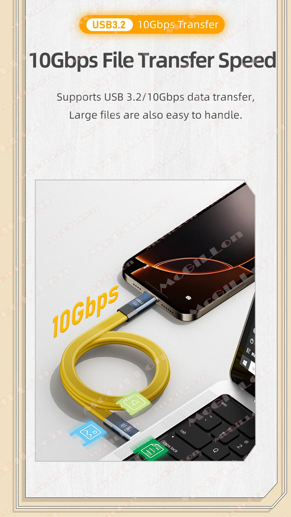 McGiLLon USB3.2 10Gbps Type C Cable USB A to Type-C 3.2 Cable Data Transfer USB C SSD Hard Disk Cable 3A 36W QC3.0 Fast Charging