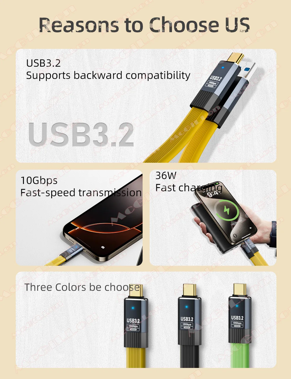McGiLLon USB3.2 10Gbps Type C Cable USB A to Type-C 3.2 Cable Data Transfer USB C SSD Hard Disk Cable 3A 36W QC3.0 Fast Charging