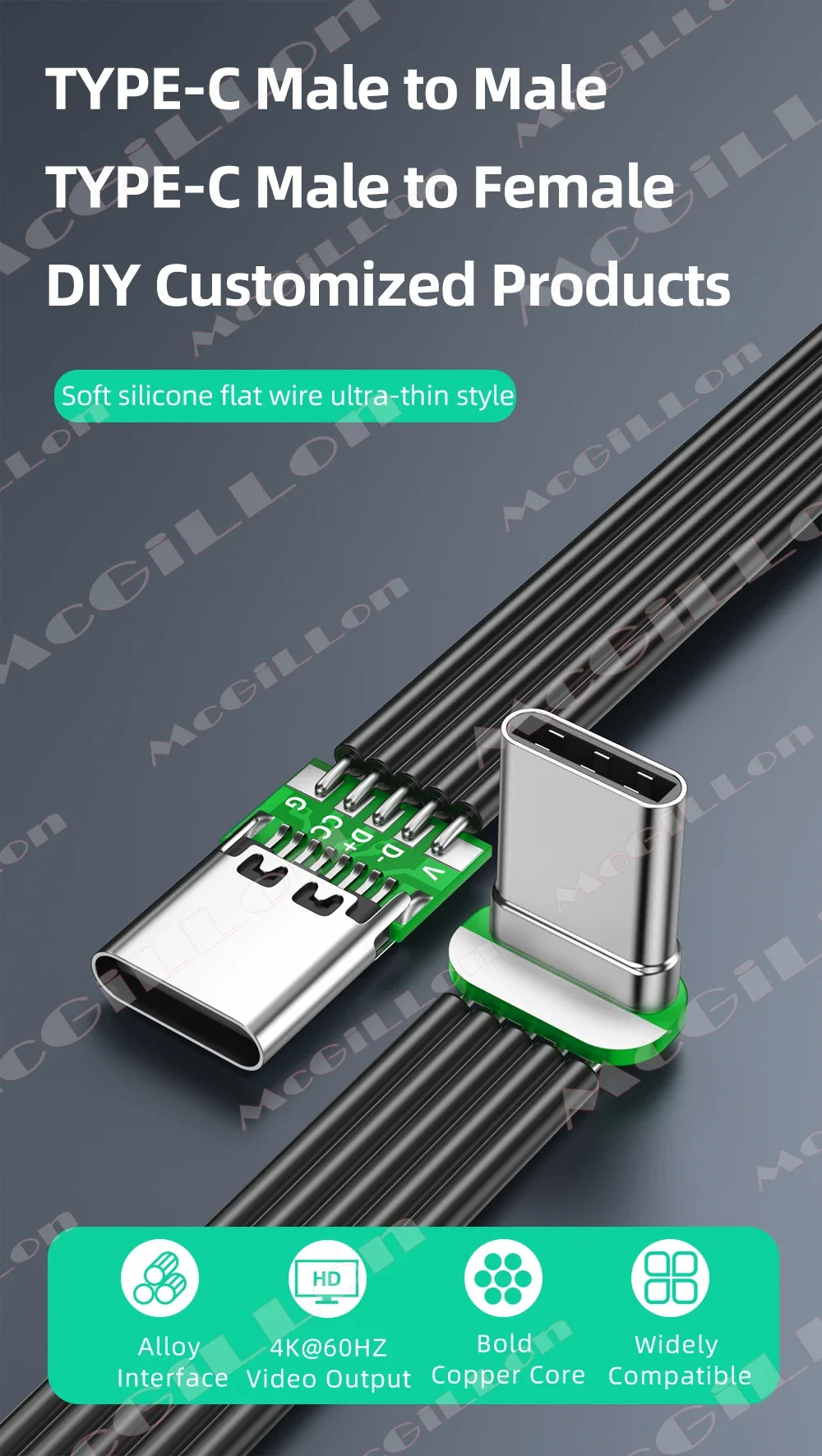 Type C to USB C Flat Silicone Cable with Left/Right Up/Down Angled Charging Cord Supports 60W 480M Fast Speed Multiple Lengths
