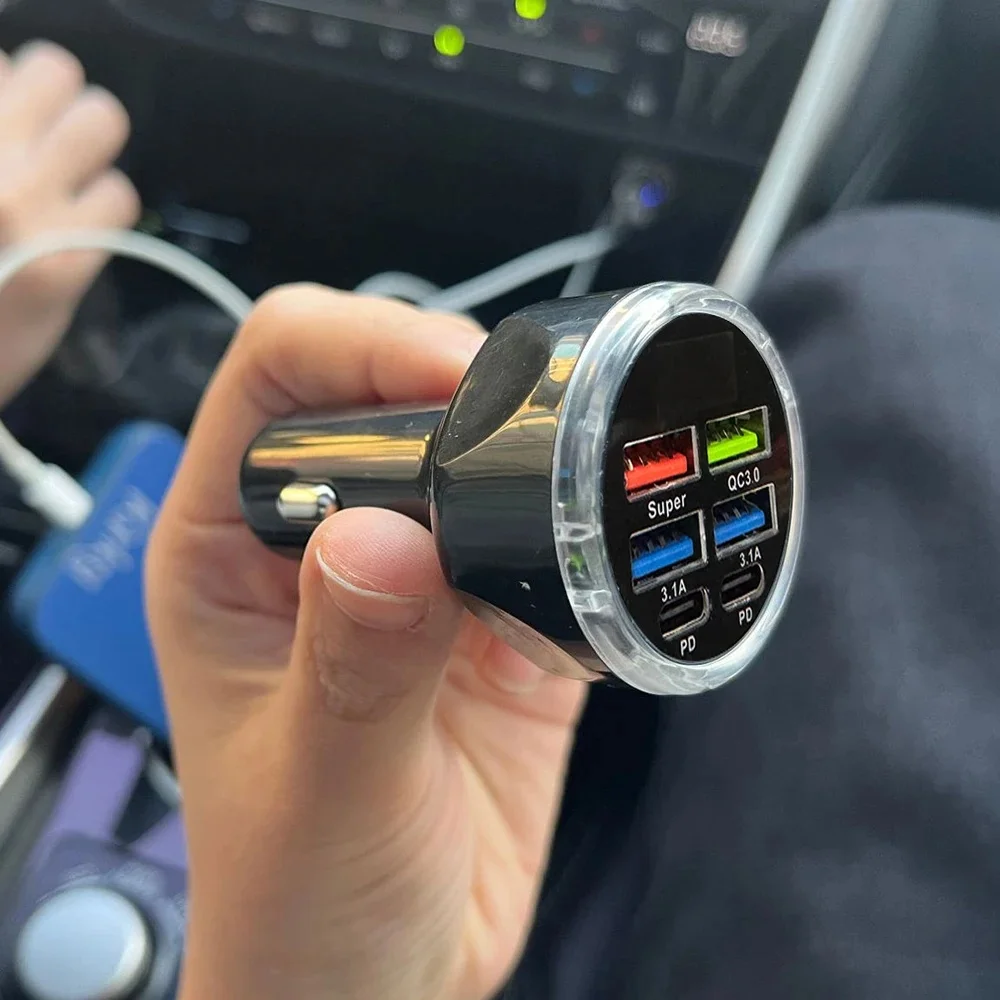 6 Ports Car Charger Fast Charging PD QC3.0 USB C Car Phone Charger Type C Adapter in Car For iPhone Samsung Huawei Xiaomi