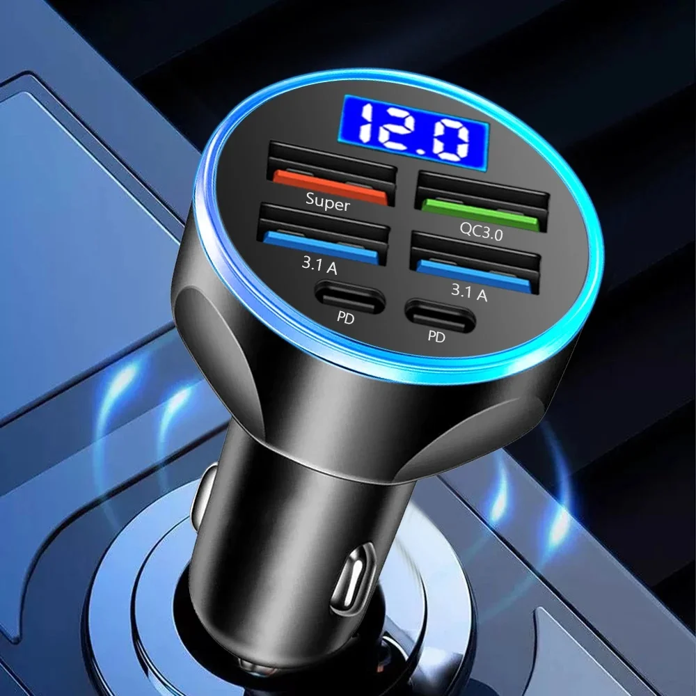 6 Ports Car Charger Fast Charging PD QC3.0 USB C Car Phone Charger Type C Adapter in Car For iPhone Samsung Huawei Xiaomi