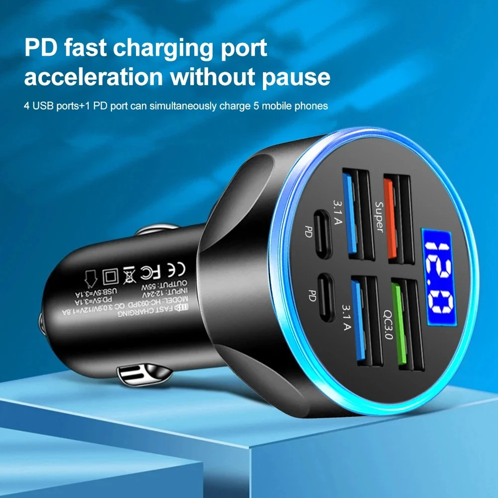 6 Ports Car Charger Fast Charging PD QC3.0 USB C Car Phone Charger Type C Adapter in Car For iPhone Samsung Huawei Xiaomi