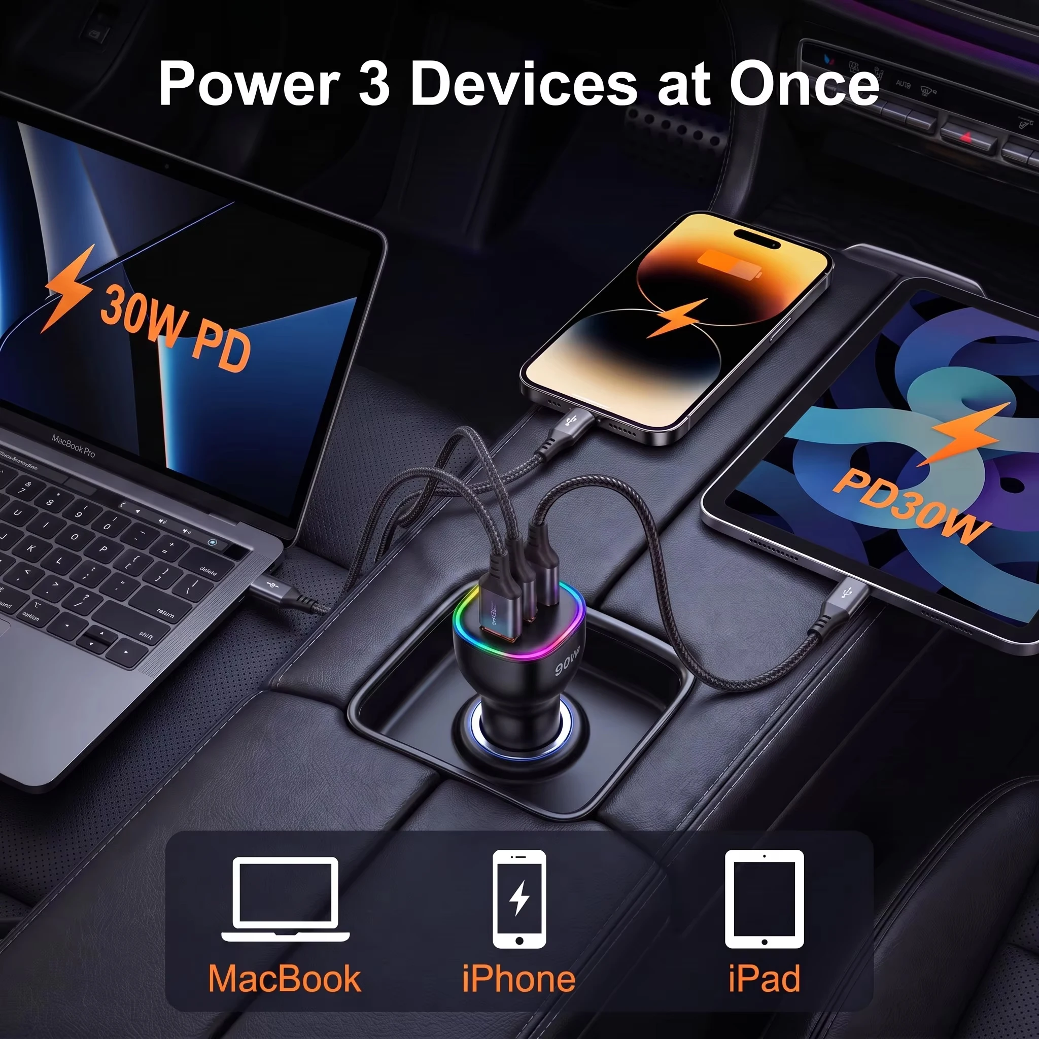 90W USB C Car Charger Multi Port Dual PD 30W Super Fast Charging Adapter for iPhone 17 16 15 Macbook Samsung Android Phone
