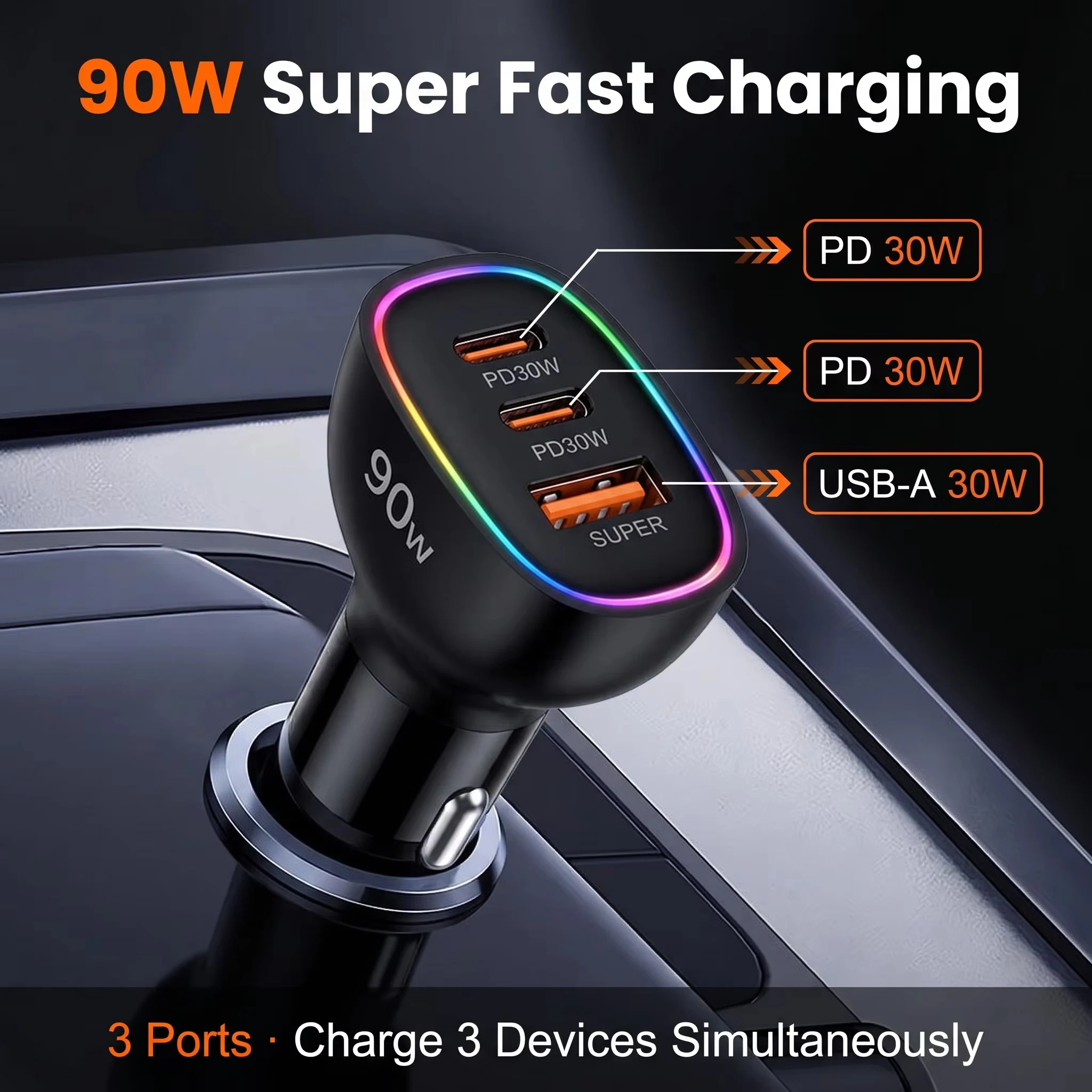 90W USB C Car Charger Multi Port Dual PD 30W Super Fast Charging Adapter for iPhone 17 16 15 Macbook Samsung Android Phone