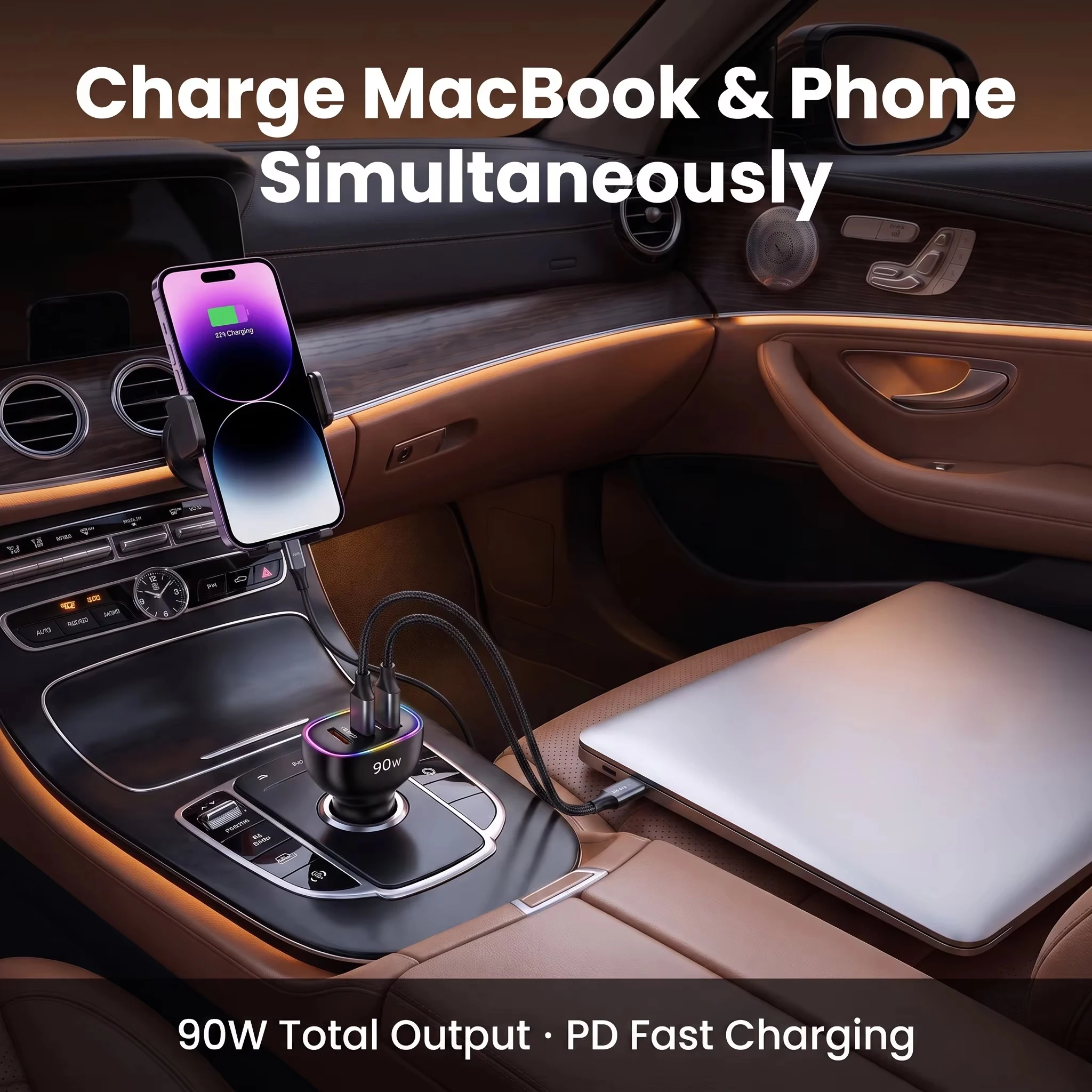 90W USB C Car Charger Multi Port Dual PD 30W Super Fast Charging Adapter for iPhone 17 16 15 Macbook Samsung Android Phone