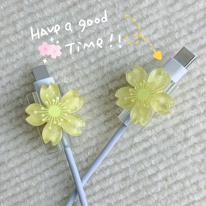 2pcs Cartoon Cable Protector Cute Flowers USB Charger Protector Cable Organizer Kawaii Data Line Cord Cable Winder For iPhone
